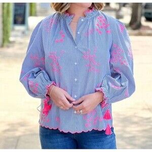 VILAGALLO Aurora embroidered Blouse in stripe pink embroidery Sz S Blue White